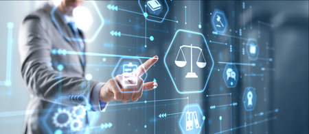 Justice and law concept. Lawyer businessman using digital technology law innovation interfaceの写真素材