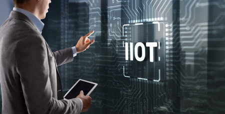 IOT Internet of things. Tapping on the inscription. Smart city and communication network telecommunicationの写真素材