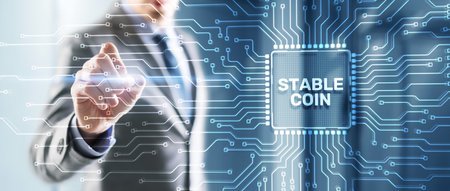 Man clicks on the inscription: Stable Coin. Stablecoins Cryptocurrencies Stable Market Price Value Coin Currencyの写真素材