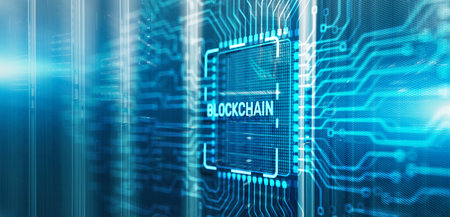 Block Chain on 3d Electronic Circuit Board Chipの写真素材