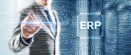 Tapping on the inscription Enterprise Resource Planning ERP Corporate concept. Abstract background on server room backgroundの写真素材