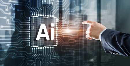 Man clicking on a virtual screen: Artificial intelligence chip. Ai chipset on circuit board. Data center backgroundの写真素材