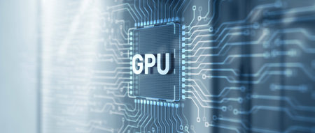 GPU Graphic Processor Hardware Tech. Processing Electronic Technology concept on server rack backgroundの写真素材