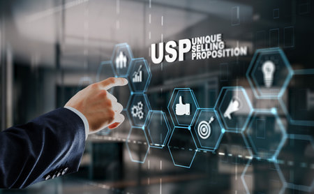 USP. Inscription Unique selling proposition on Virtual Screen. Marketing and technology conceptの写真素材