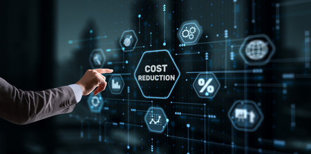Cost reduction business finance concept. Businessman clicks virtual screenの写真素材