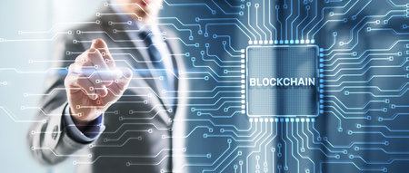 Block Chain concept . Distributed ledger technology. Businessman clicking on virtual screen Block Chainの写真素材