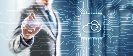 Cloud computing concept. Businessman clicking on virtual screen. Connect to cloud. Cloud computing iconの写真素材
