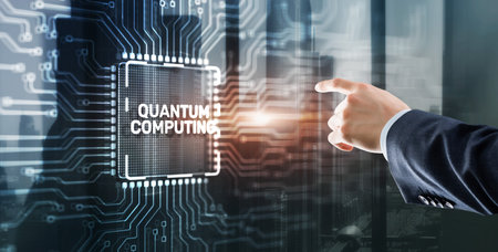 Quantum computing concept. The inscription on the processor icons. Clicking on the virtual screenの写真素材