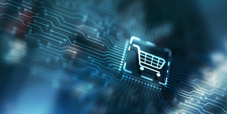 Businessman touching e-commerce button on a virtual interface. Cart online shoppingの写真素材