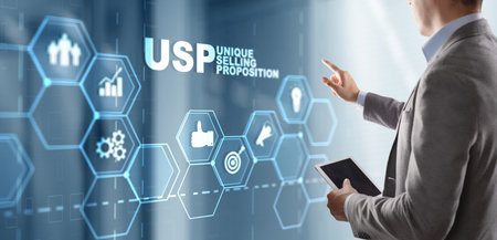 USP. Inscription Unique selling proposition on Virtual Screen. Marketing and technology conceptの写真素材