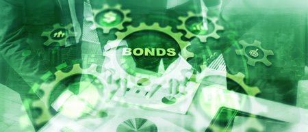 Businessman clicks inscription bonds. Bond Finance Banking Technology Gears conceptの写真素材