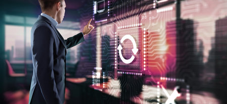 Businessman touching Update Software Computer. Technology Updating Conceptの写真素材