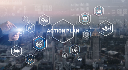 Business Action Plan strategy concept on virtual screen. Time managementの写真素材