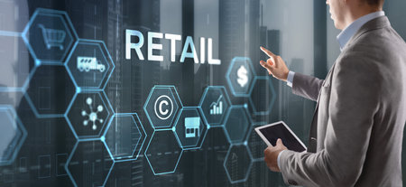 Retail concept marketing channels E-commerce Shopping automation on virtual screenの写真素材