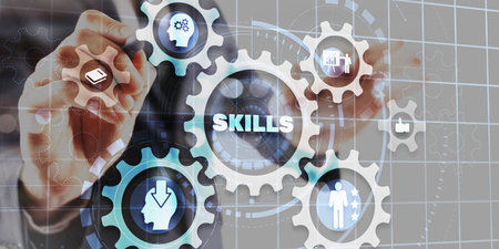 Businessman click on skills on virtuas screen. Mixed Mediaの写真素材
