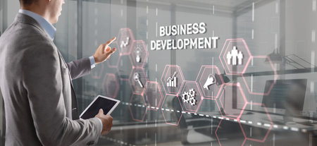 Business Development Planning. Inscription on 3D the virtual screenの写真素材