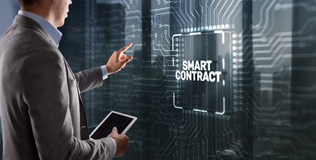 Clicking on the virtual screen: Smart contract. Blockchain in modern business technology on server backgroundの写真素材
