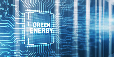Inscription on 3d Electronic Circuit Board Chip: Green Energy saving conceptの写真素材