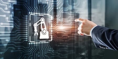 Man clicking on a virtual screen: Automation Software Innovation technology. Business process optimisation conceptの写真素材