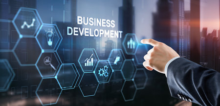 Business Development Planning. Inscription on 3D the virtual screenの写真素材