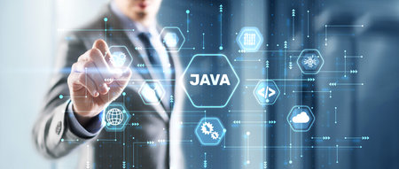 Businessman clicks Java programming language application concept on virtual screenの写真素材