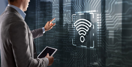 Man clicks on the  Wireless internet connection communication mobile technology conceptの写真素材