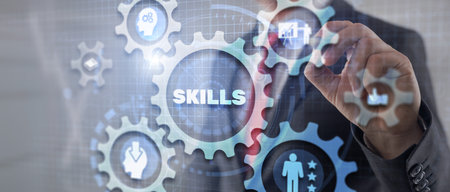 Businessman click on skills on virtuas screen. Mixed Mediaの写真素材