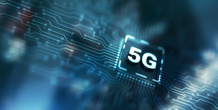Digital 5G and Internet Telecommunication concept on circuit boardの写真素材