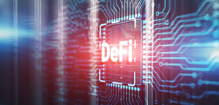 DeFi Decentralized Finance Inscription on 3d Electronic Circuit Board Chipの写真素材