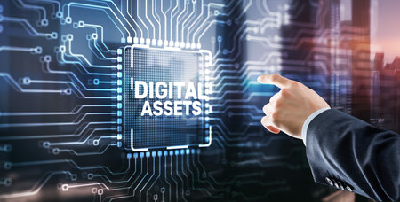 Digital asset management, Document imaging. Businessman clicking on virtual screen. Enterprise content managementの写真素材