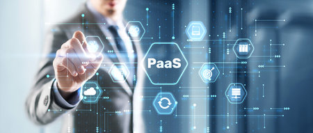 Hand pressing button on interface PaaS, Platform as a Service. Internet and networking conceptの写真素材