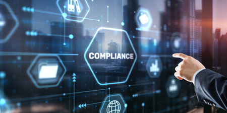 Businessman clicks Compliance Rules Law Business Technology conceptの写真素材