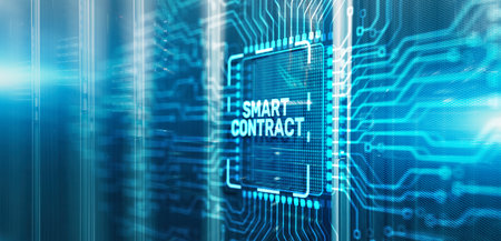 Inscription Smart contract, blockchain in modern business technology on Electronic Circuit Board Chip CPUの写真素材
