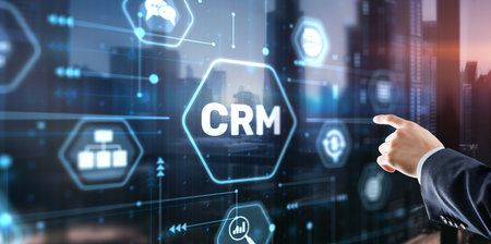 CRM Customer Relationship Management. Businessman clicks. Business Internet Techology Conceptの写真素材