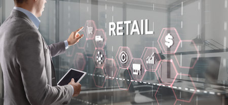 Retail concept marketing channels E-commerce Shopping automation on virtual screenの写真素材