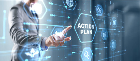 Businessman clicks action plan. Algorithm and strategy development businessの写真素材
