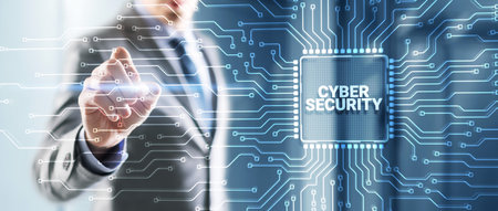 Businessman clicking on virtual screen Cyber Security Data Protection Business Privacy conceptの写真素材