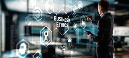 Business man writing business ethic concept on virtual screenの写真素材
