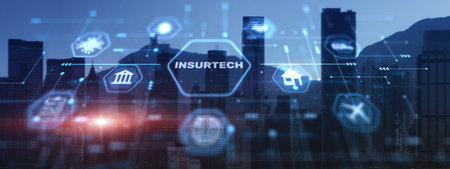 Insurance, health family car money travel Insurtech concept on modern city backgroundの写真素材