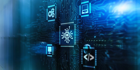 Icon CPU central processor unit on abstract backgroundの写真素材
