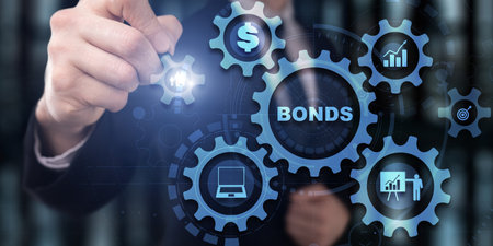 Businessman clicks inscription bonds. Bond Finance Banking Technology Gears conceptの写真素材