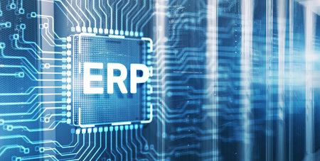 Enterprise Resource Planning ERP Corporate concept. Inscription on 3d Electronic Circuit Board Chipの写真素材