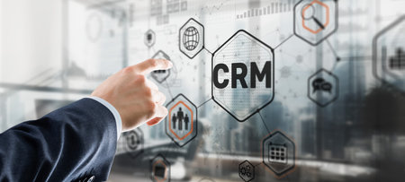 Customer relationship management system concept. Businessman touching finger CRMの写真素材