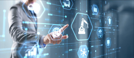 Hand pressing butto RPA icon Robotic Process Automation system. Artificial intelligence conceptの写真素材