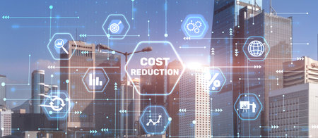 Cost reduction business finance concept on city backgroundの写真素材