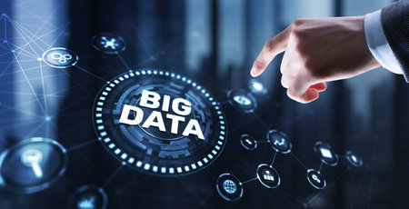 Businessman clicks Big data world and globe icon modern interfaceの写真素材