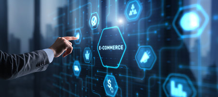 Businessman clicks E-commerce Global Business Digital Marketingの写真素材