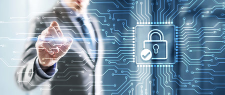 Businessman clicking on virtual screen Cyber Security Data Protection Business Privacy conceptの写真素材