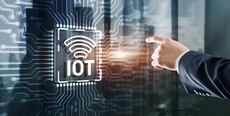 Clicking on the virtual screen Internet of Things IOT concept. Electric circuits graphic background with Infographicの写真素材