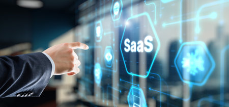 SaaS software as a service concept with hand pressing a buttonの写真素材